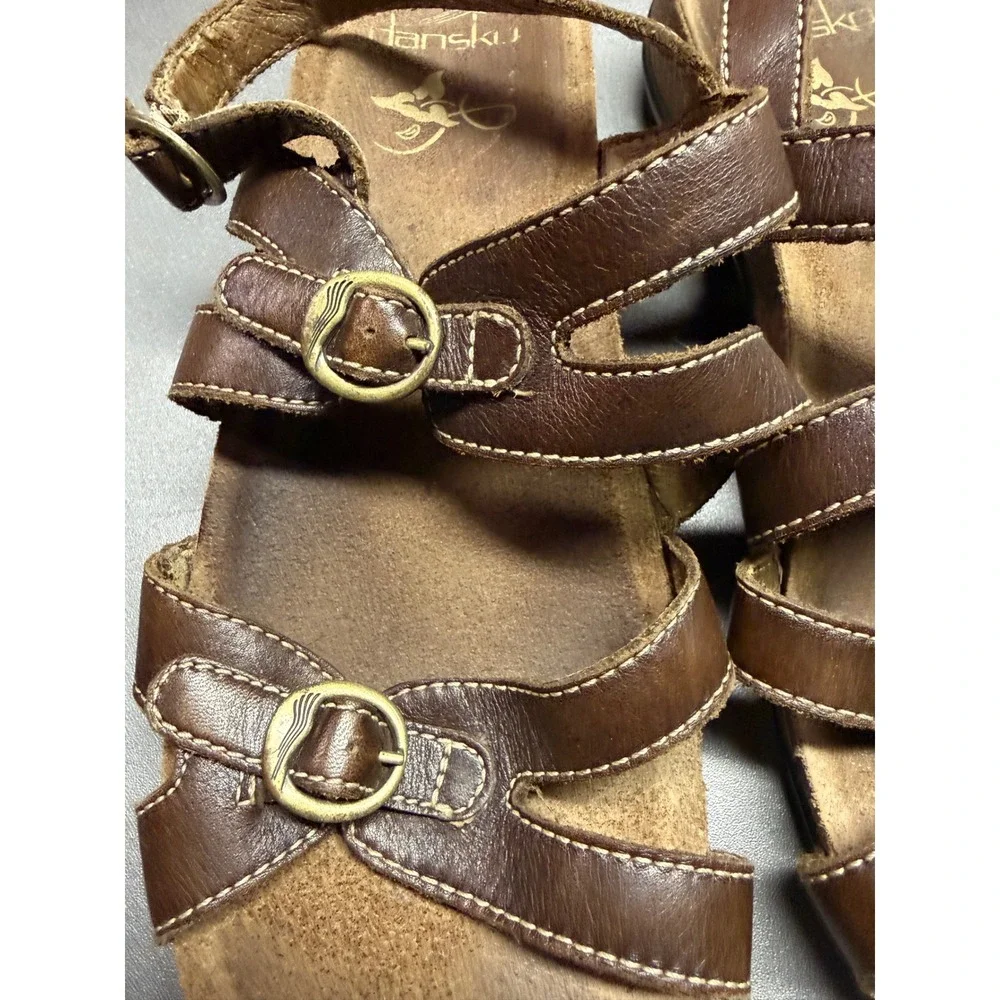 Dansko Brown Leather Strappy‎ Comfort Sandals Buckle Ankle Strap Womens